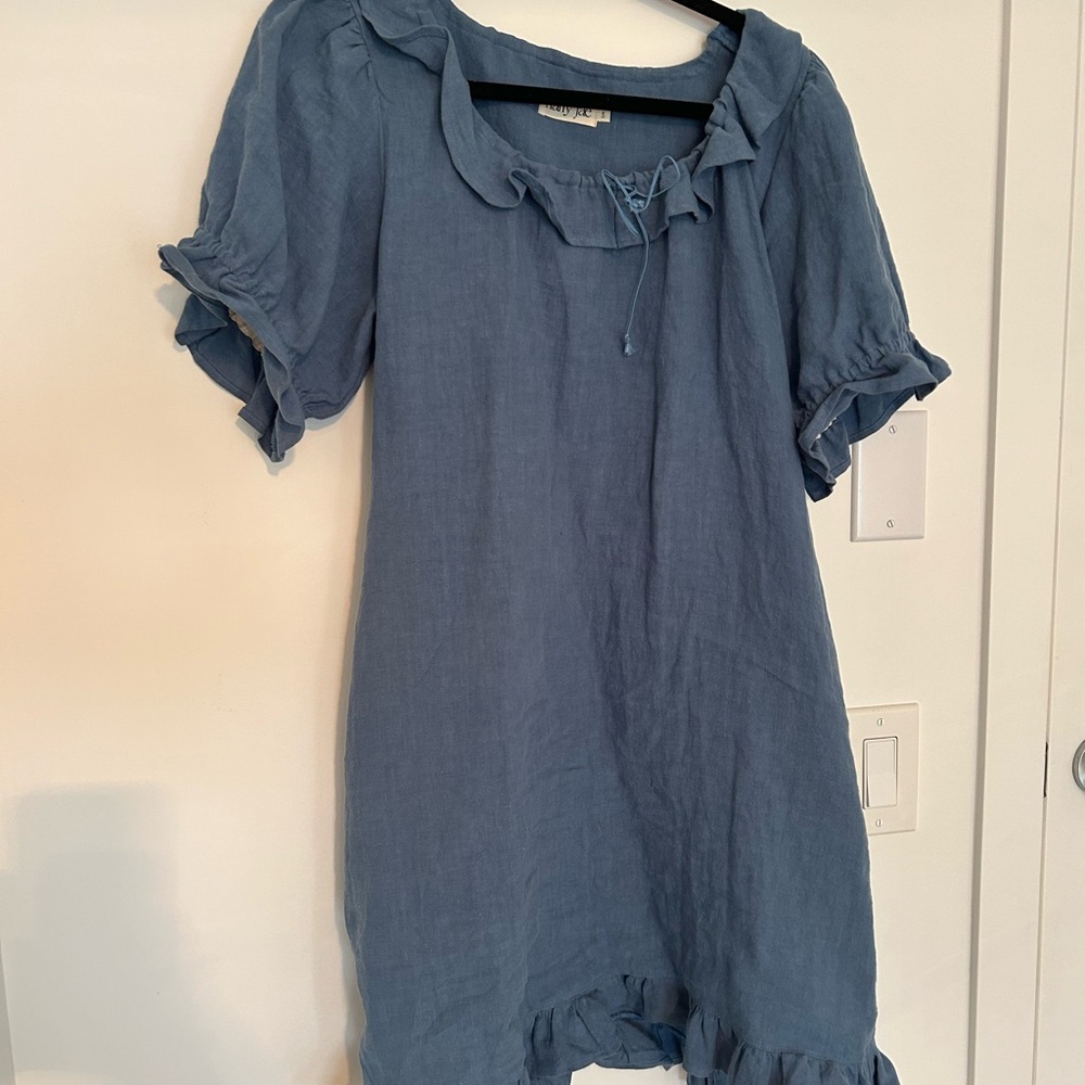 Blue Ruffle Scoop-Neck Mini Dress - Picture 2 of 8